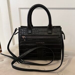 Tahari Black Croc-Embossed Top-Handle Satchel with Detachable Strap